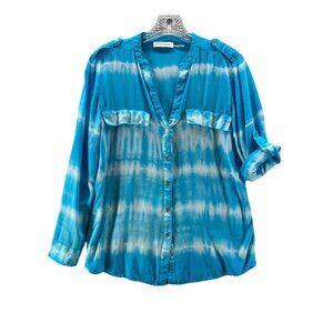 Calvin Klein Womens Top Small V Neck Tye Dyed Roll Tab Long Sleeve  Blue Epaulet
